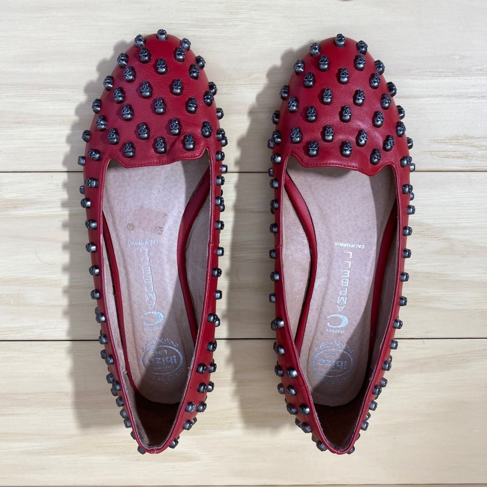 Jeffrey Campbell Ibiza Last Flats Women 10 Red Leather Gunmetal Skull Studded - Picture 2 of 12